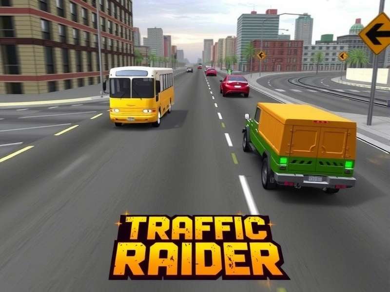 Screenshot of Traffic Raider Game showing first-person motorcycle view in dense traffic