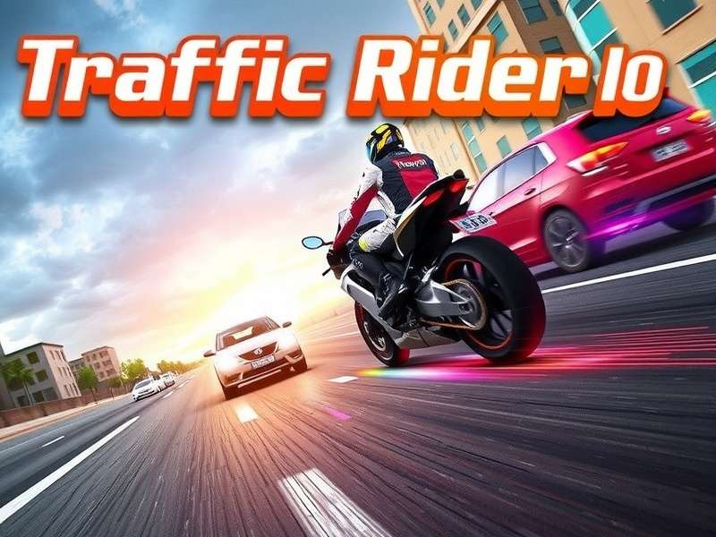 Traffic Rider Io in-game screenshot showing a first-person view of a bike speeding on a highway