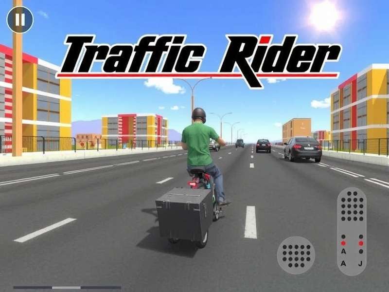 Traffic Rider gameplay screenshot showing high-speed bike and city traffic