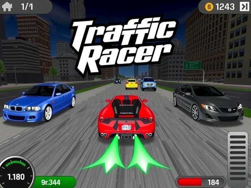 A first-person view of a motorcycle speeding on a highway, representing Traffic Racer gameplay