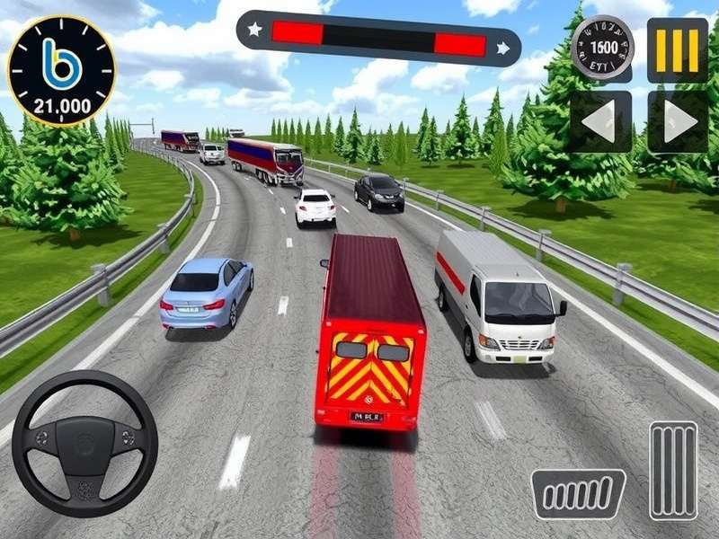 A first-person perspective of riding a motorcycle on a busy highway at dusk, representing Traffic Rider gameplay