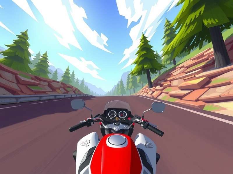 Gameplay screenshot of Traffic Rider showing a first-person view of a motorcycle speeding on a highway