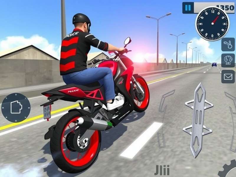 Bike Rider – Traffic Rider gameplay showing a sports bike on a busy highway at sunset