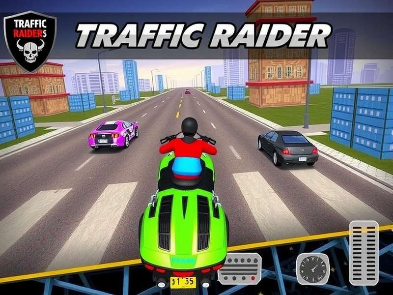 Traffic Raider game action screenshot showing bike racing through busy Indian traffic